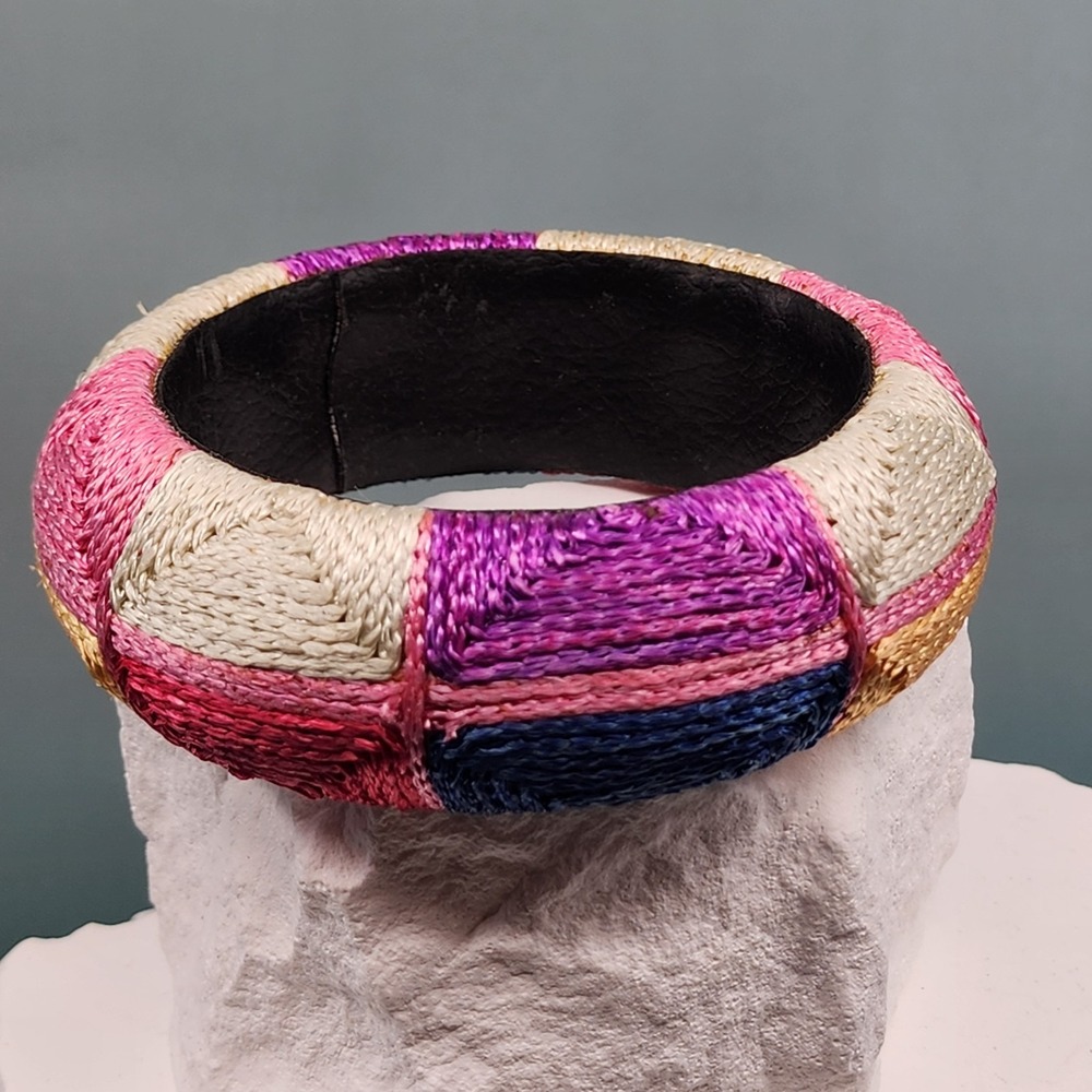 Multicolor Thread Wrapped Wide Bangle Bracelet Pink Purple Blue Boho Statement